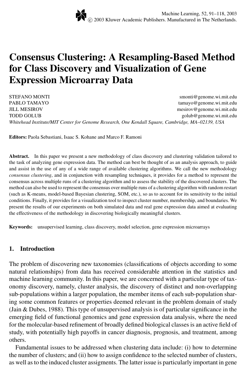 Cover for Consensus Clustering: A Resampling-Based Method for Class Discovery and Visualization of Gene Expression Microarray Data