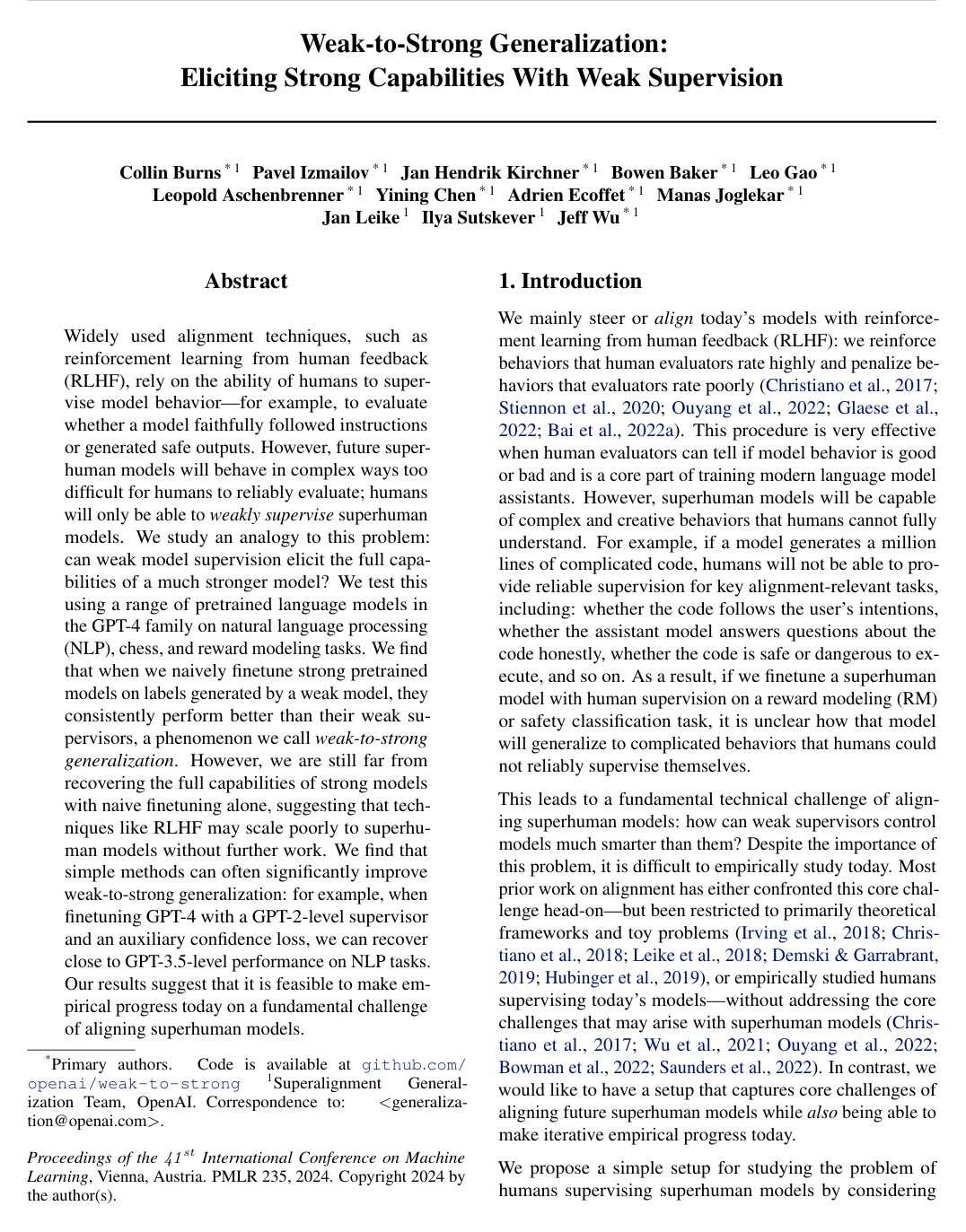 Cover for Weak-to-Strong Generalization: Eliciting Strong Capabilities With Weak Supervision