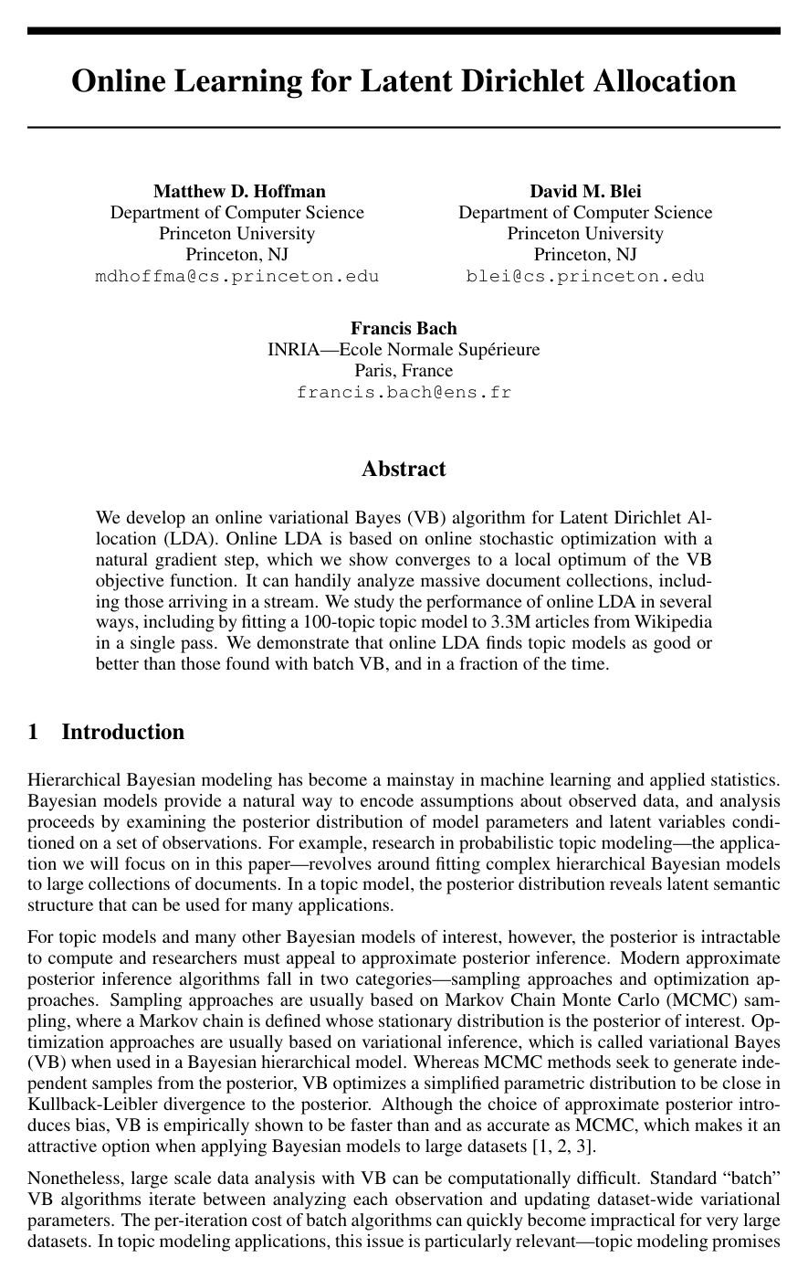 Cover for Online Learning for Latent Dirichlet Allocation
