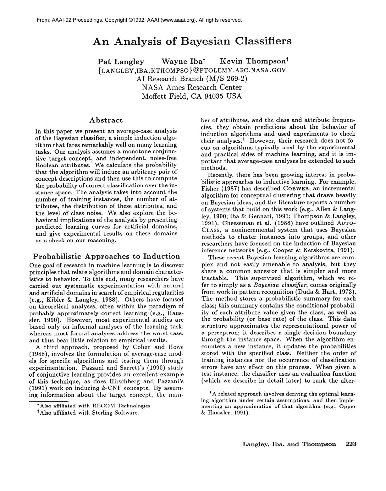 An Analysis of Bayesian Classifiers