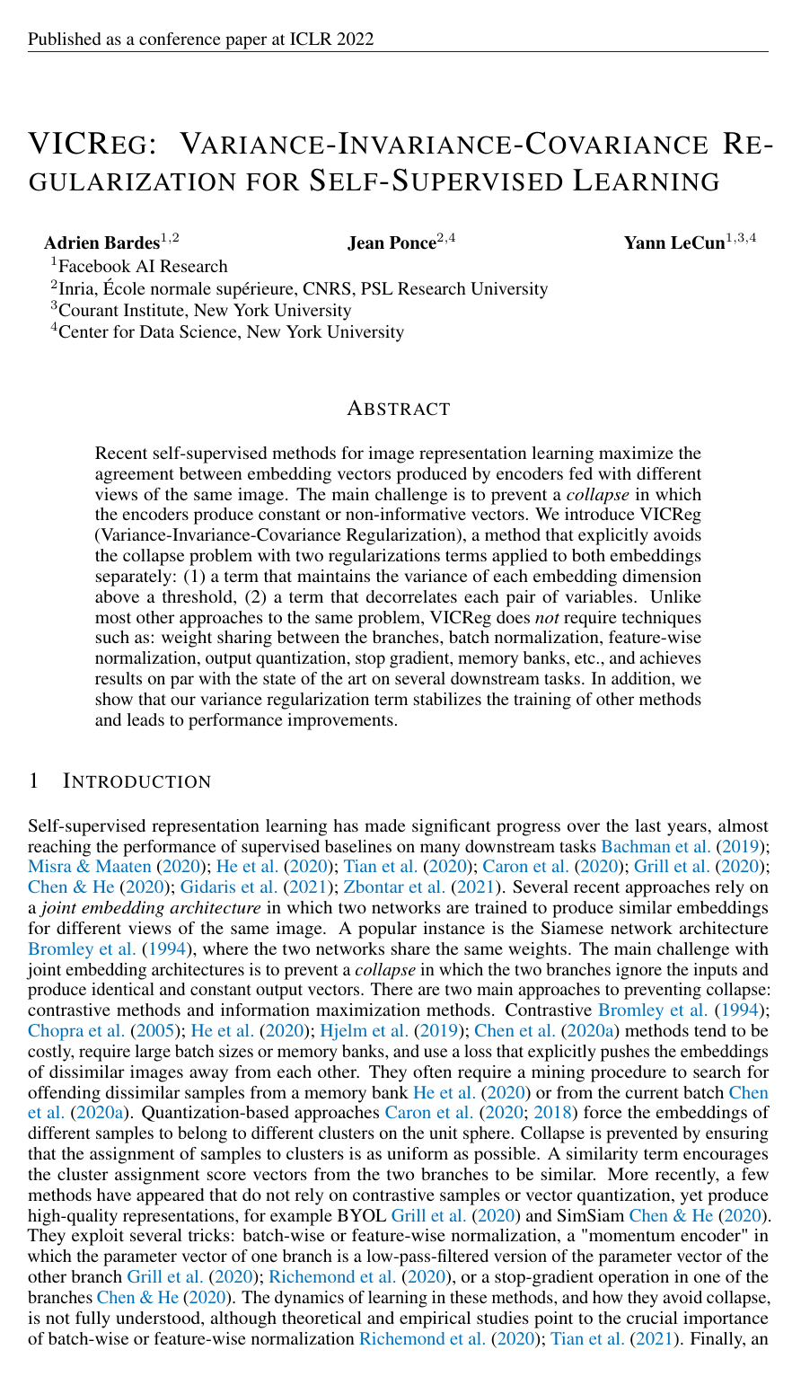 Cover for VICReg: Variance-Invariance-Covariance Regularization for Self-Supervised Learning