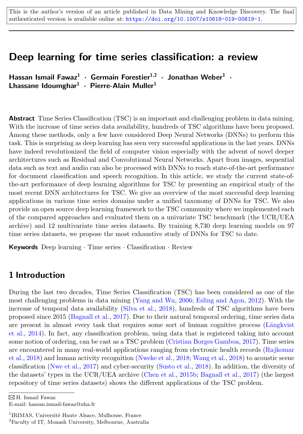 Deep learning for time series classification: a review