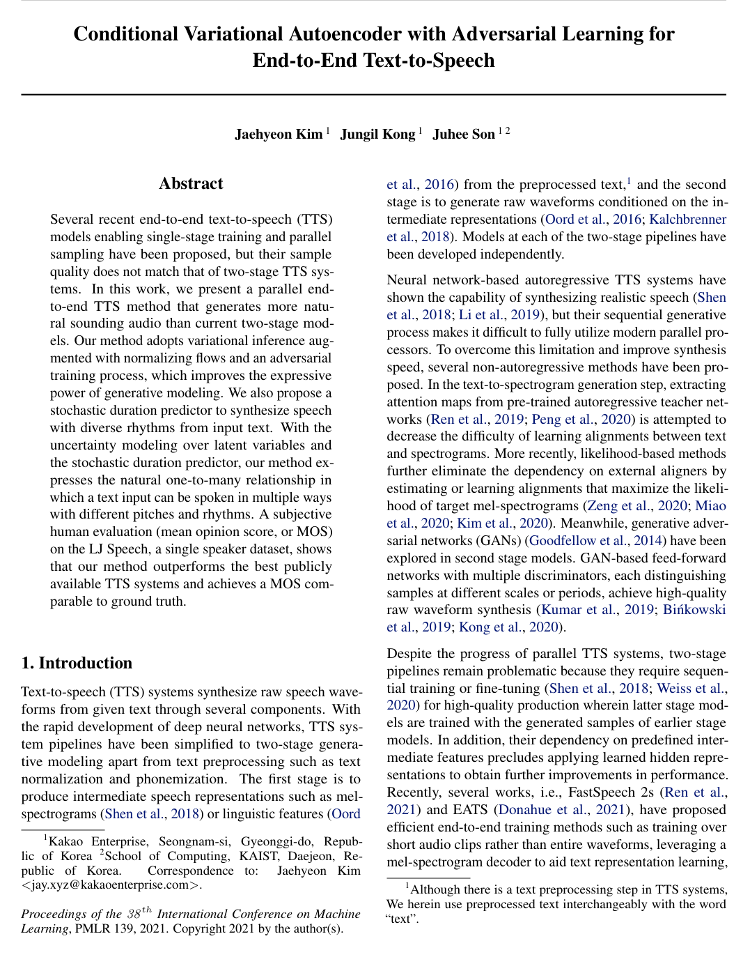 Cover for Conditional Variational Autoencoder with Adversarial Learning for End-to-End Text-to-Speech