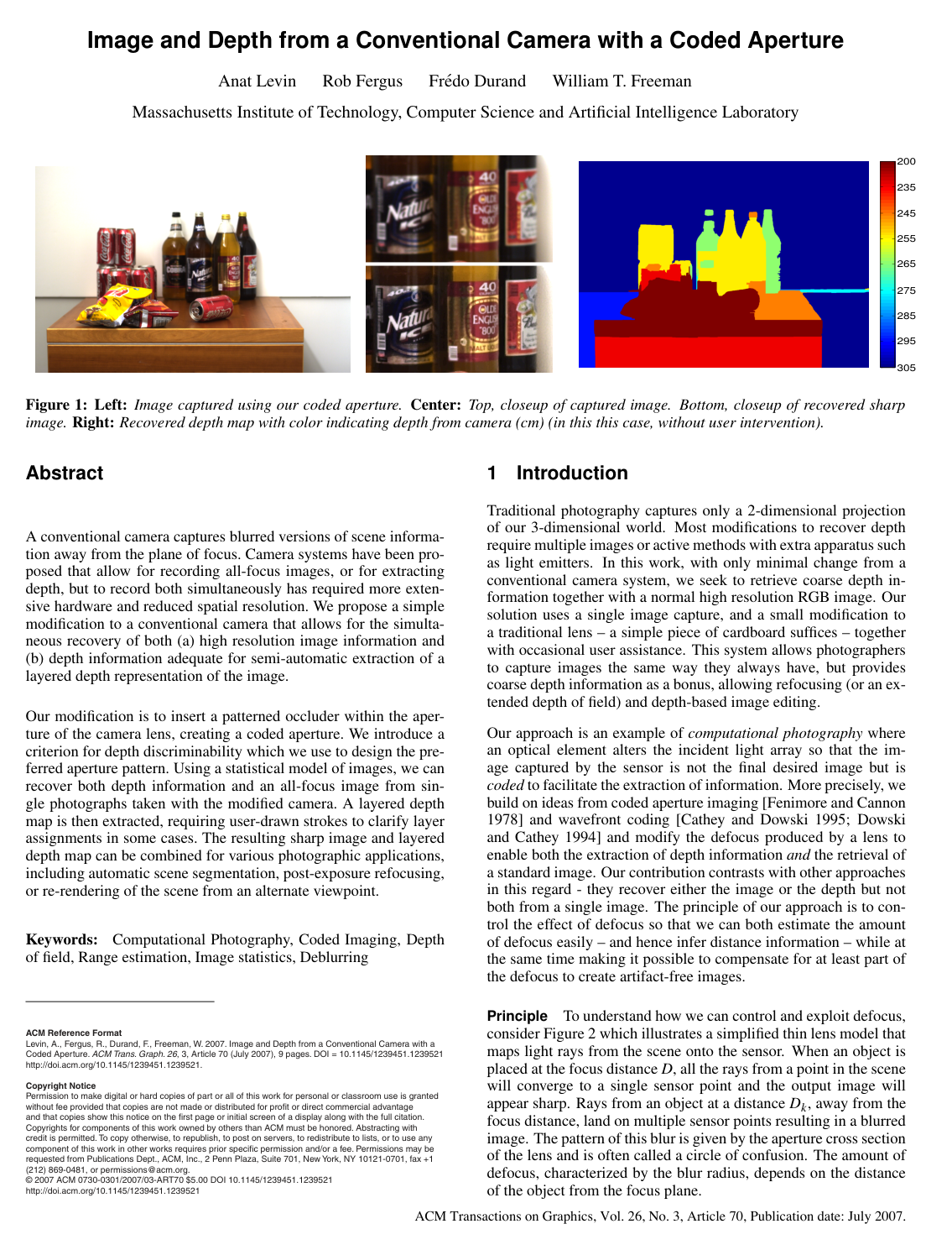 Image and depth from a conventional camera with a coded aperture