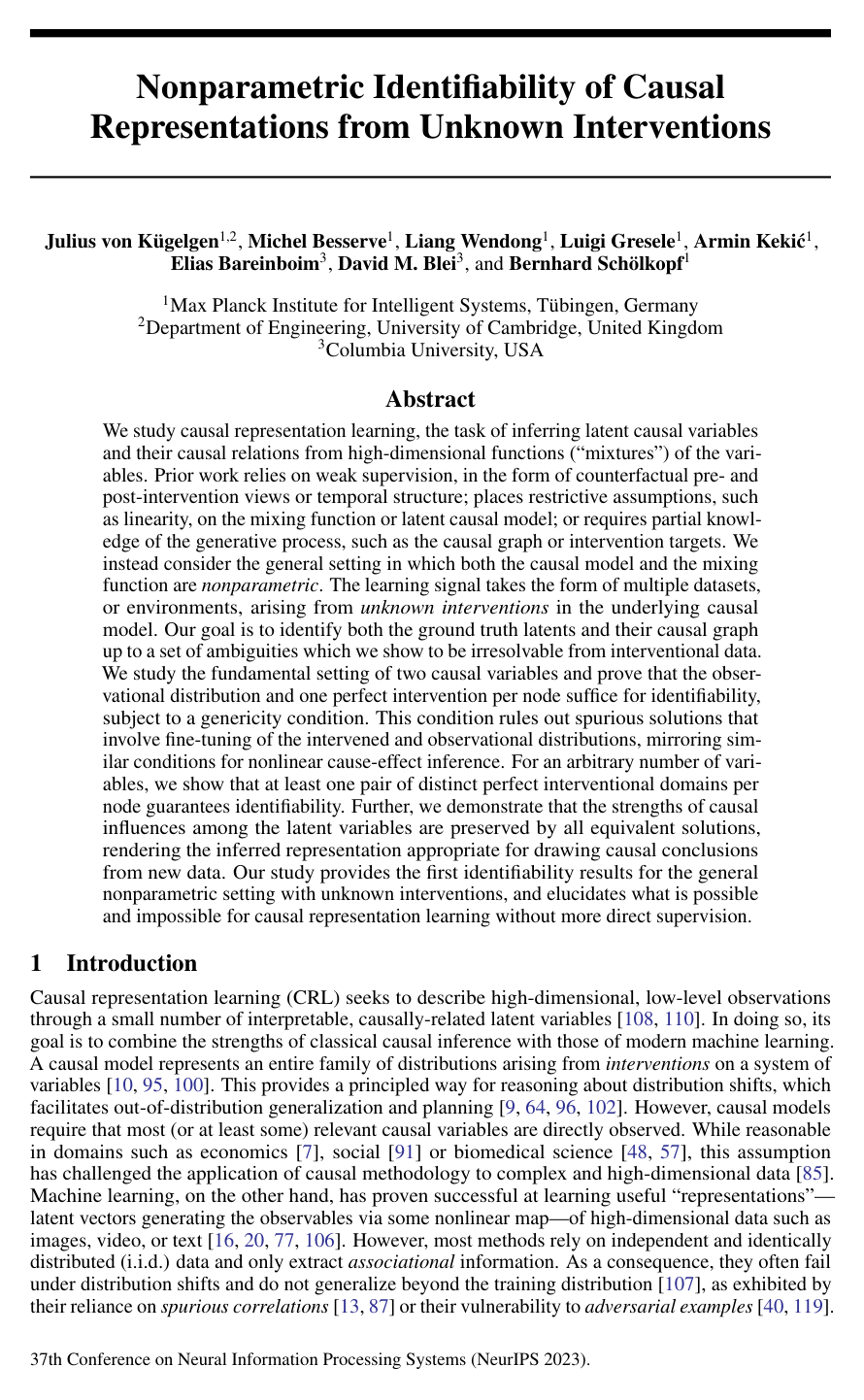 Nonparametric Identifiability of Causal Representations from Unknown Interventions