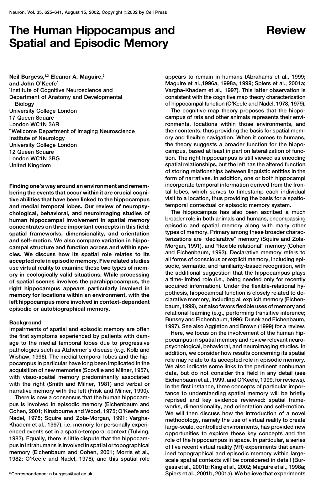 The Human Hippocampus and Spatial and Episodic Memory