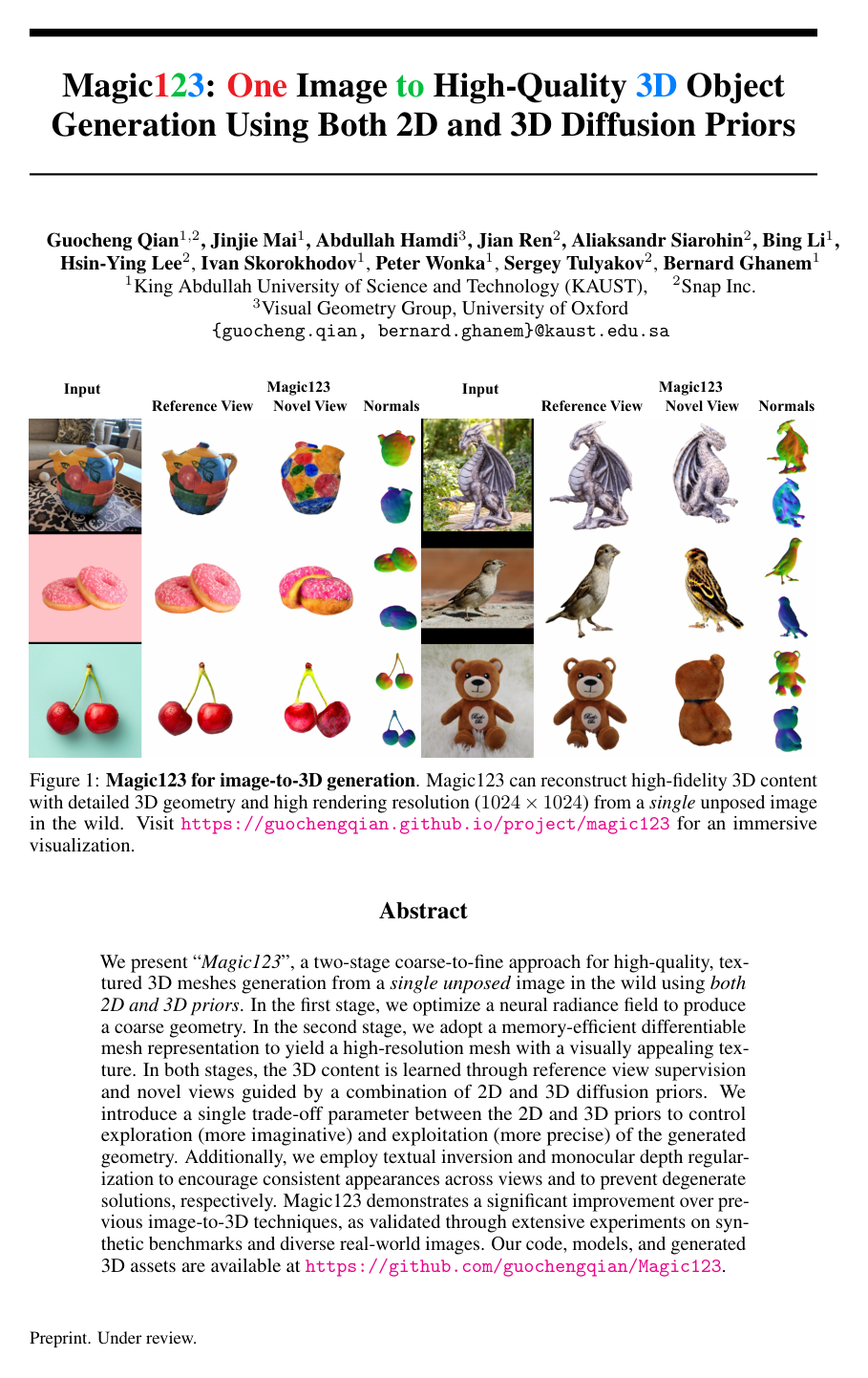 Cover for Magic123: One Image to High-Quality 3D Object Generation Using Both 2D and 3D Diffusion Priors