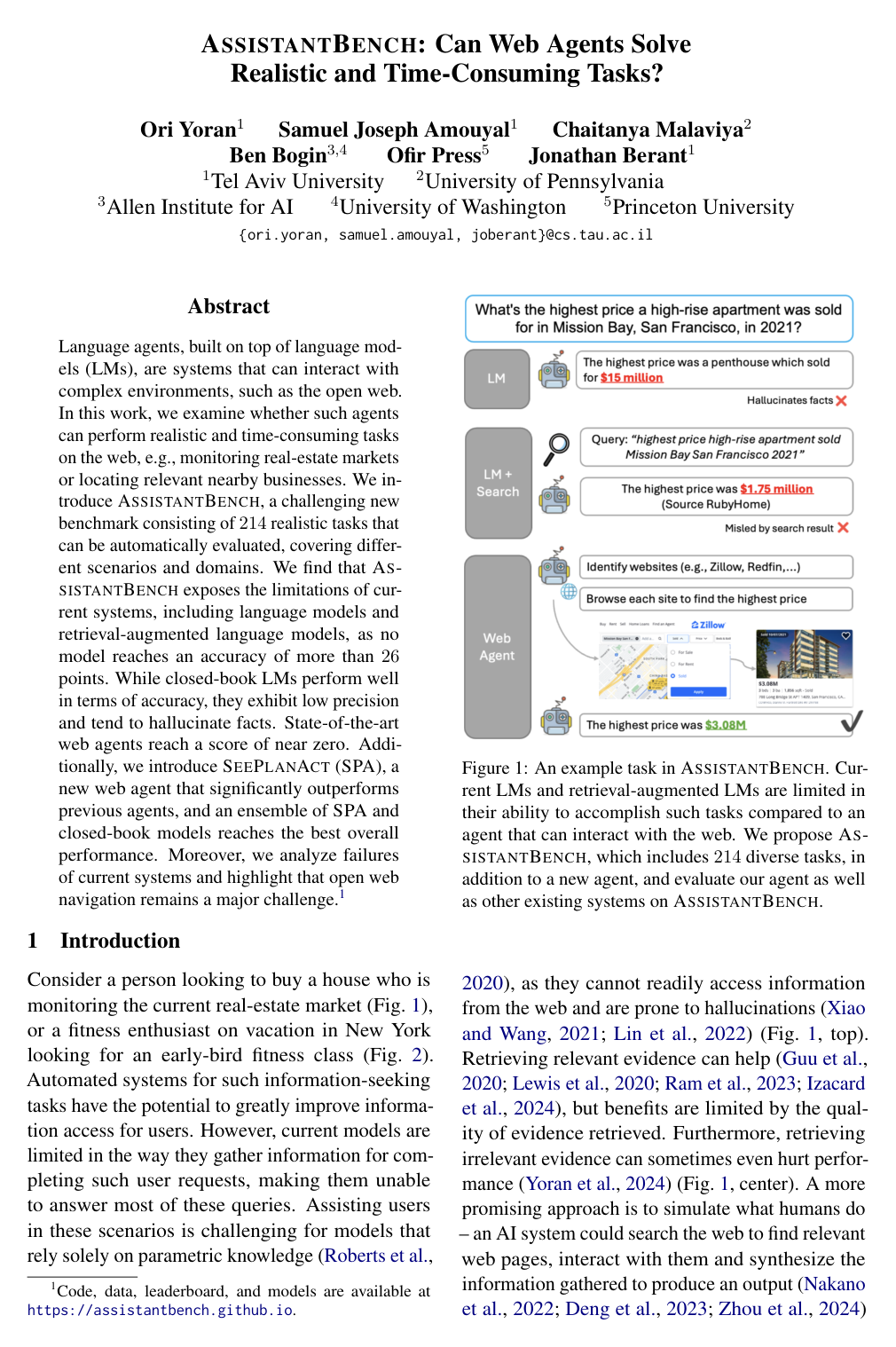 Cover for AssistantBench: Can Web Agents Solve Realistic and Time-Consuming Tasks?