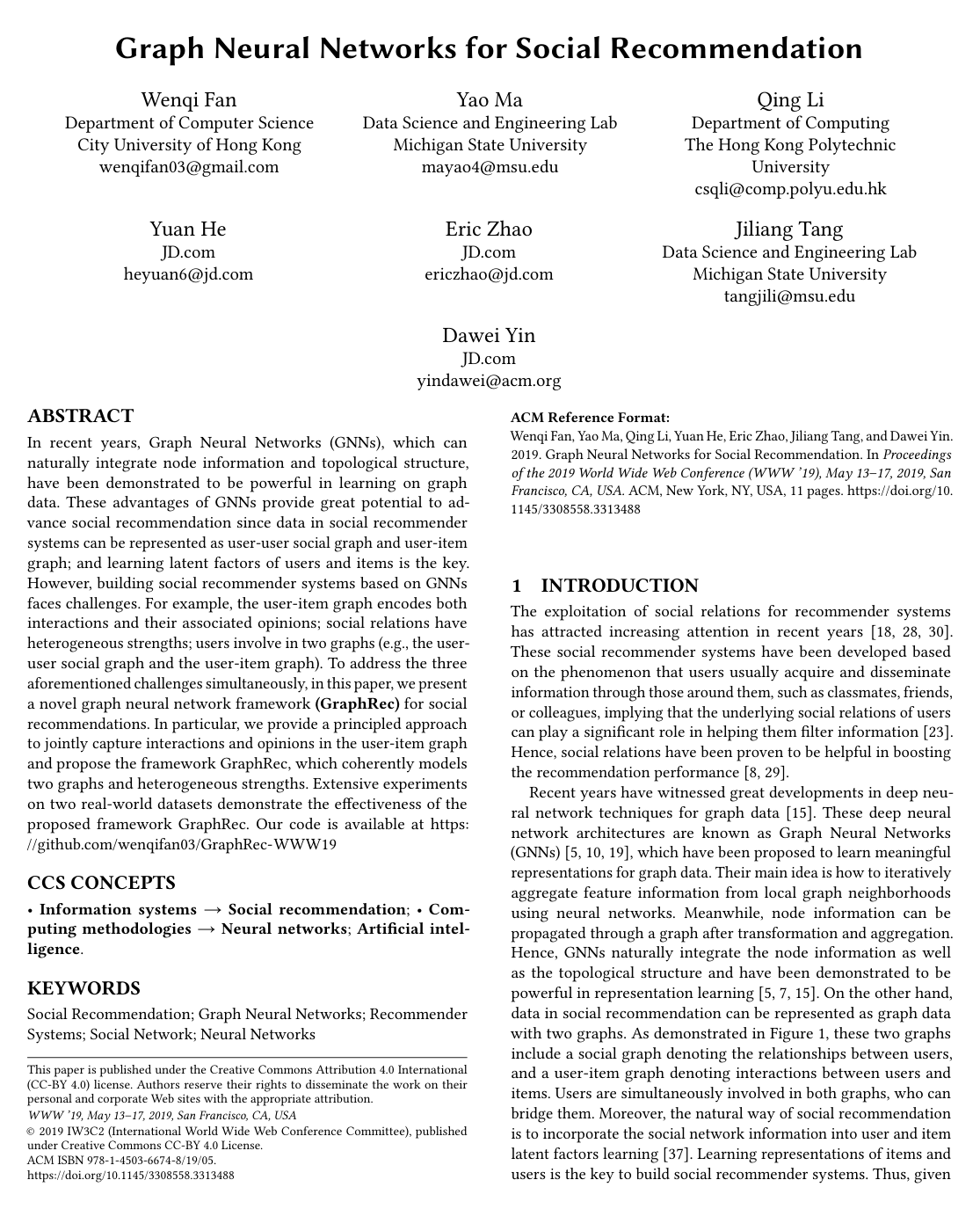 Cover for Graph Neural Networks for Social Recommendation