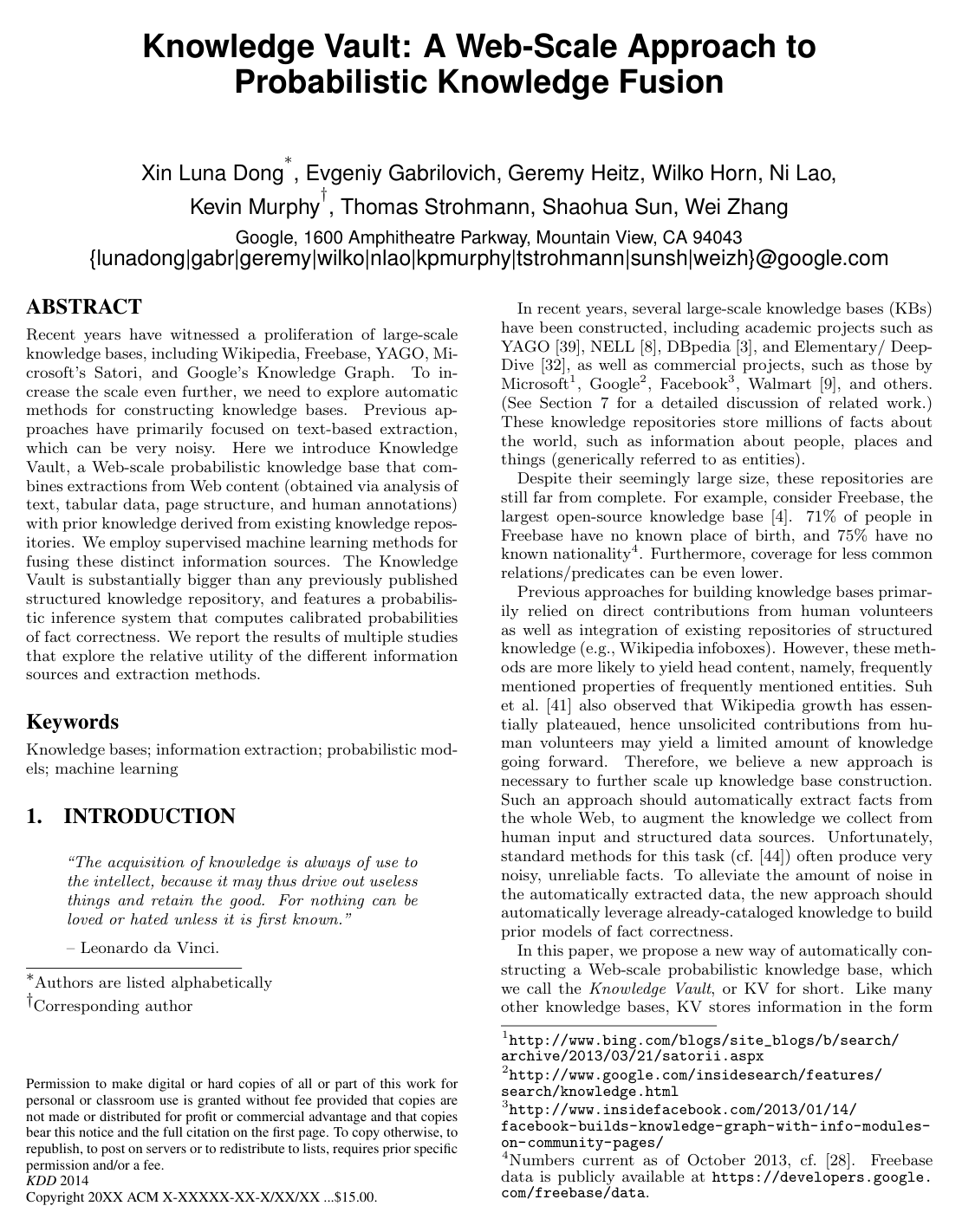 Cover for Knowledge vault: a web-scale approach to probabilistic knowledge fusion