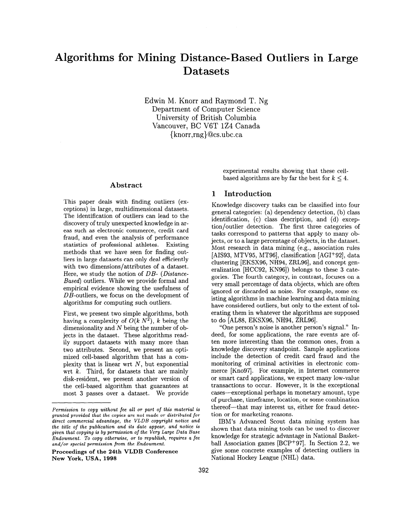 Cover for Algorithms for Mining Distance-Based Outliers in Large Datasets