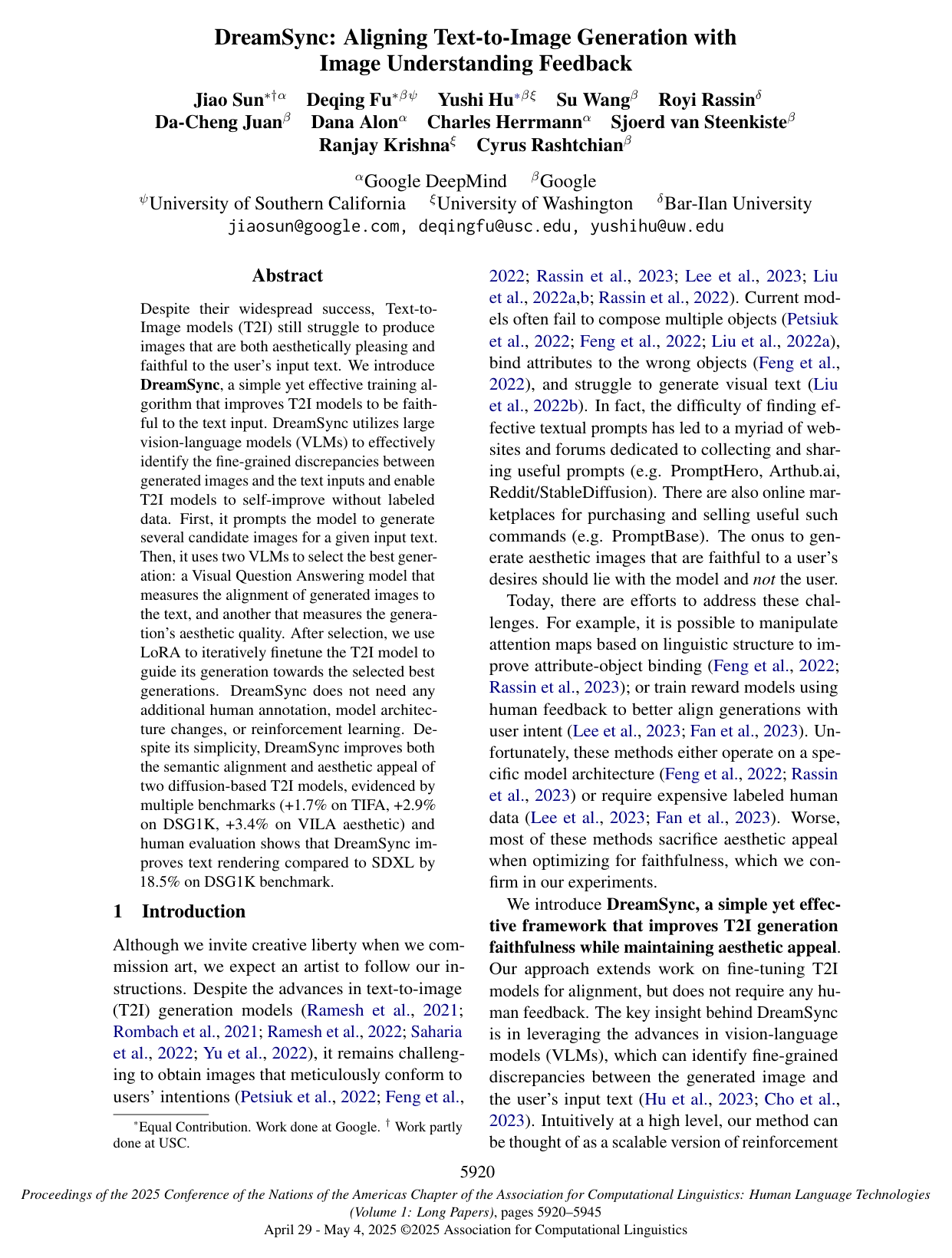 DreamSync: Aligning Text-to-Image Generation with Image Understanding Feedback