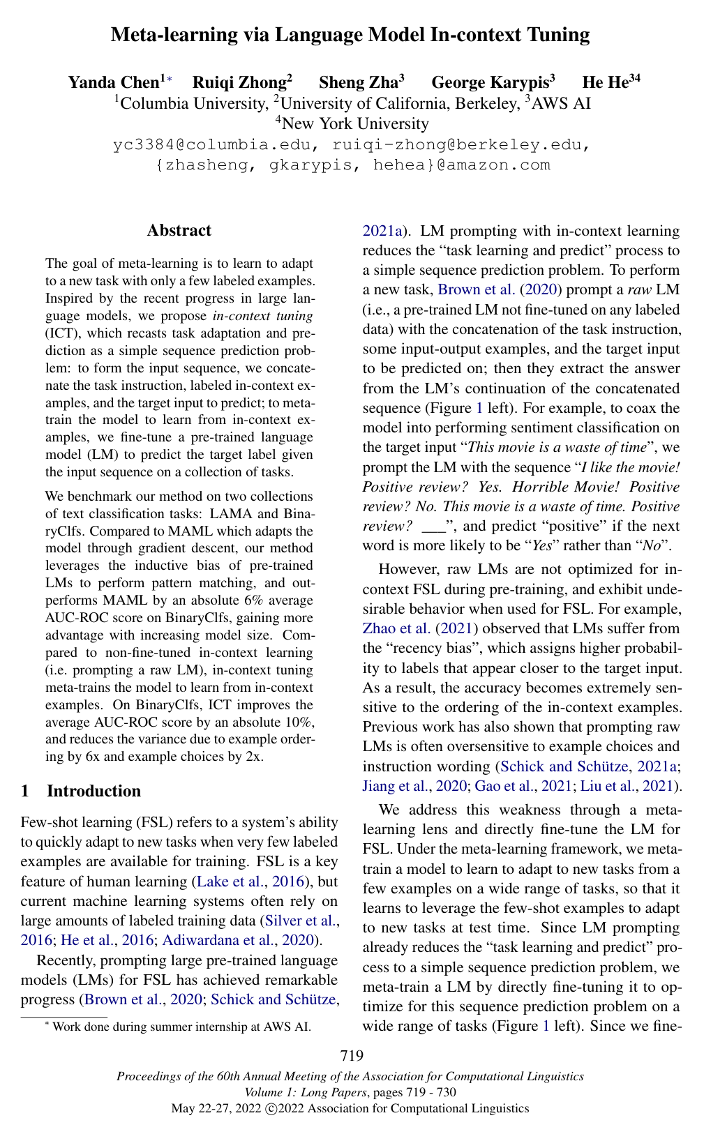 Meta-learning via Language Model In-context Tuning