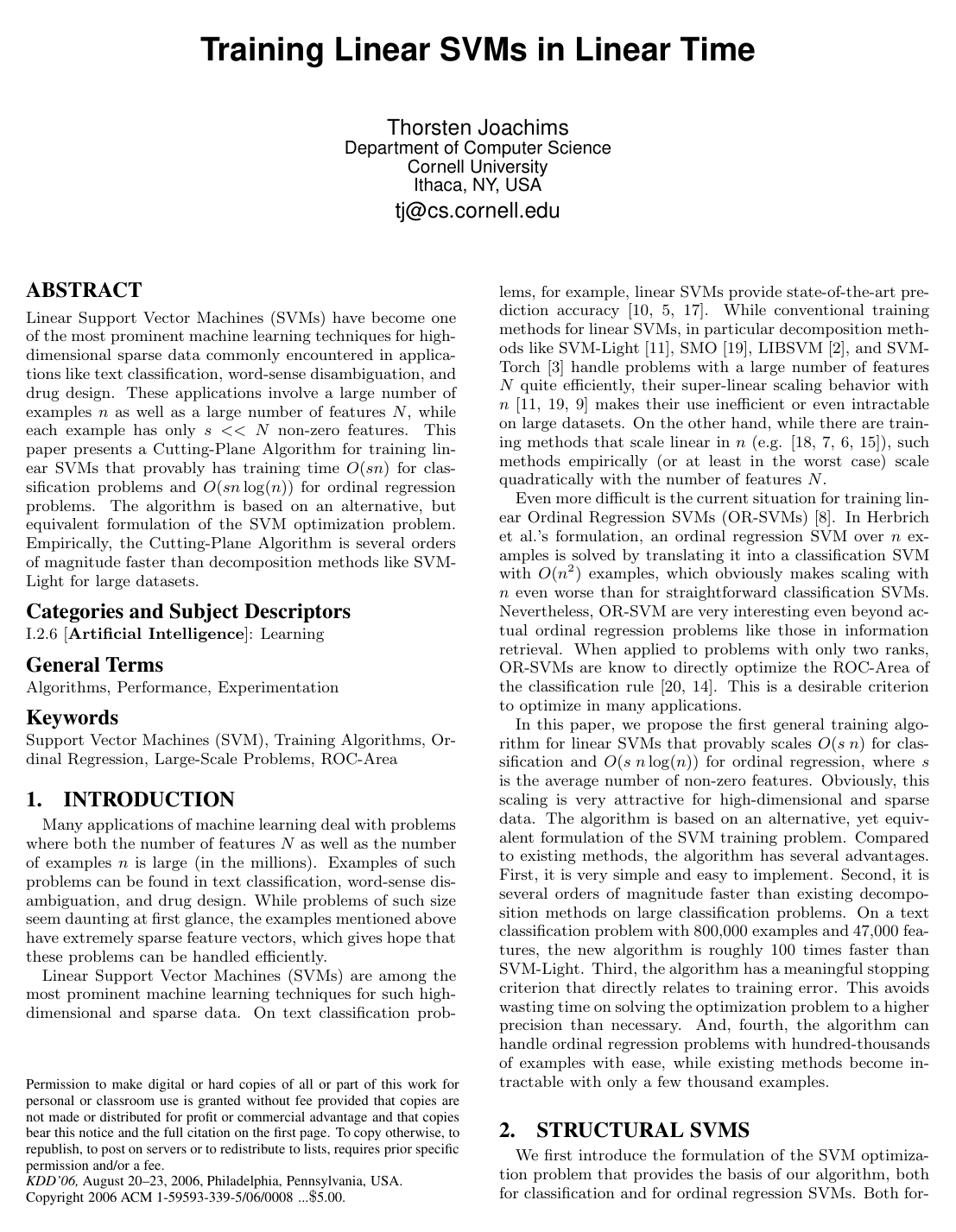 Cover for Training linear SVMs in linear time