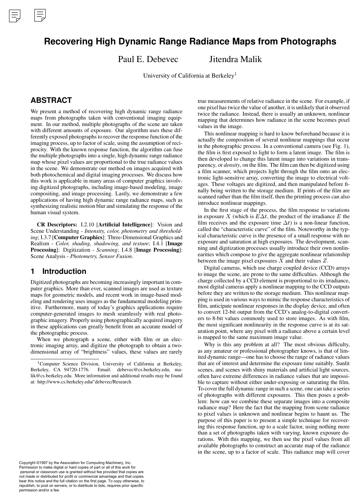 Cover for Recovering high dynamic range radiance maps from photographs