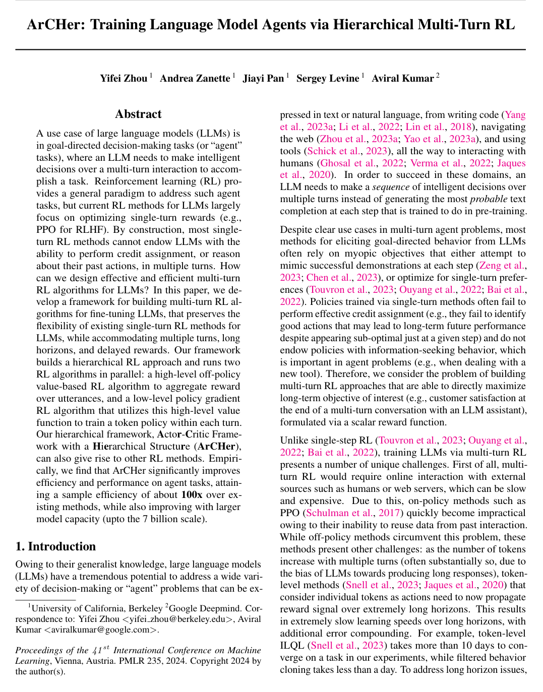 Cover for ArCHer: Training Language Model Agents via Hierarchical Multi-Turn RL