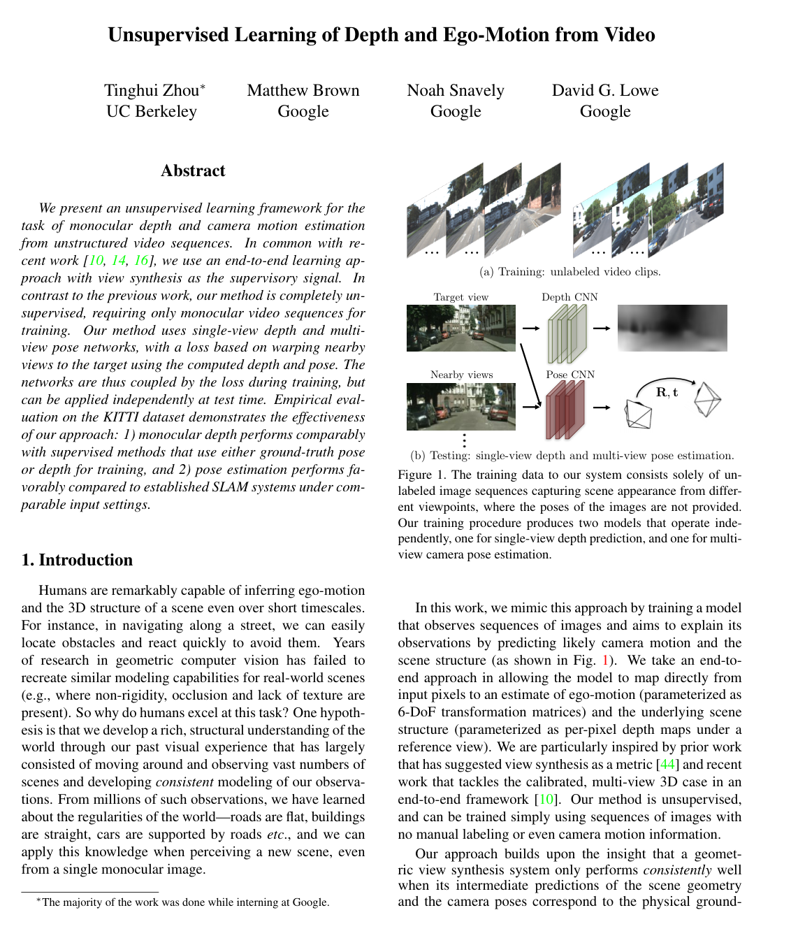 Cover for Unsupervised Learning of Depth and Ego-Motion from Video