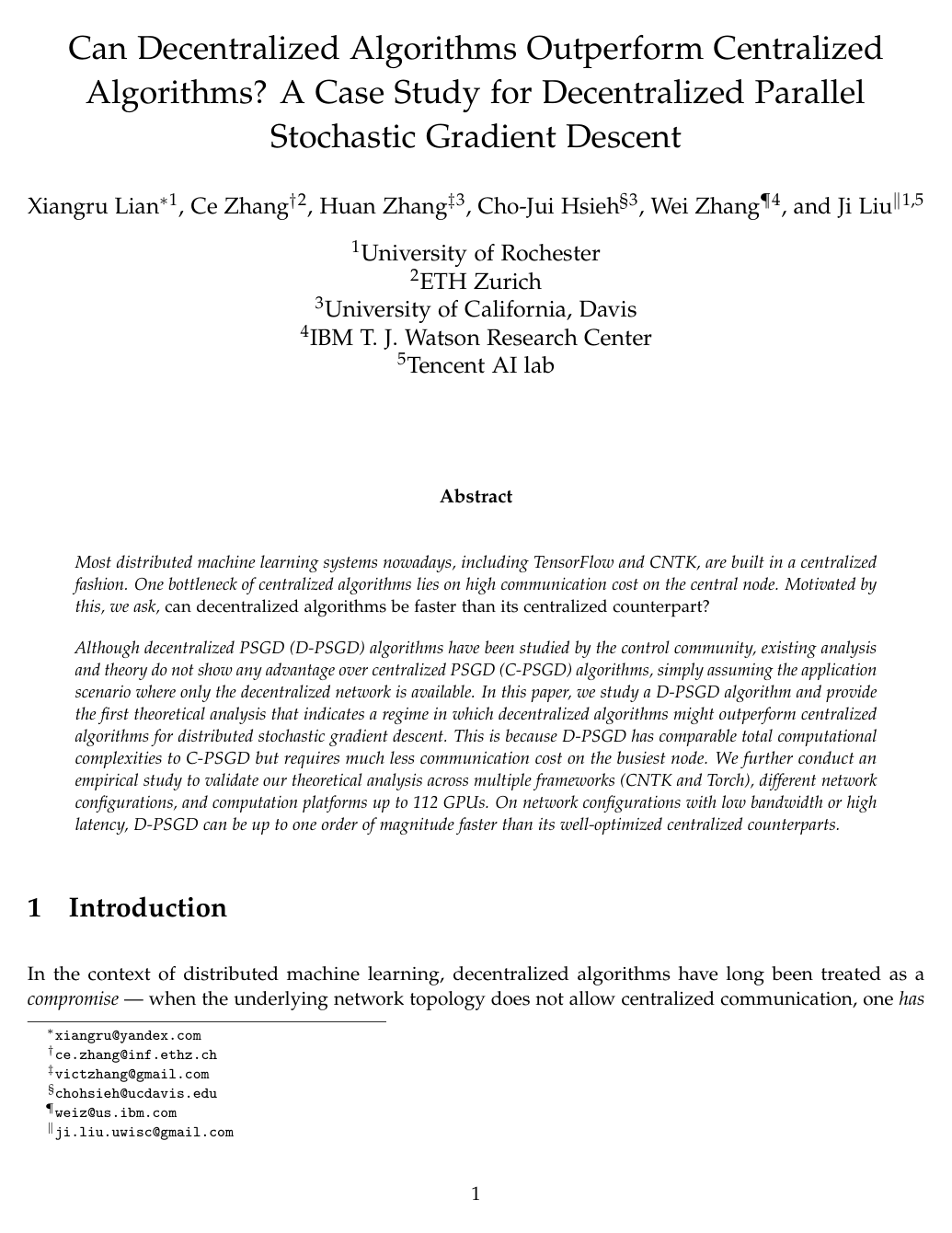Cover for Can Decentralized Algorithms Outperform Centralized Algorithms? A Case Study for Decentralized Parallel Stochastic Gradient Descent