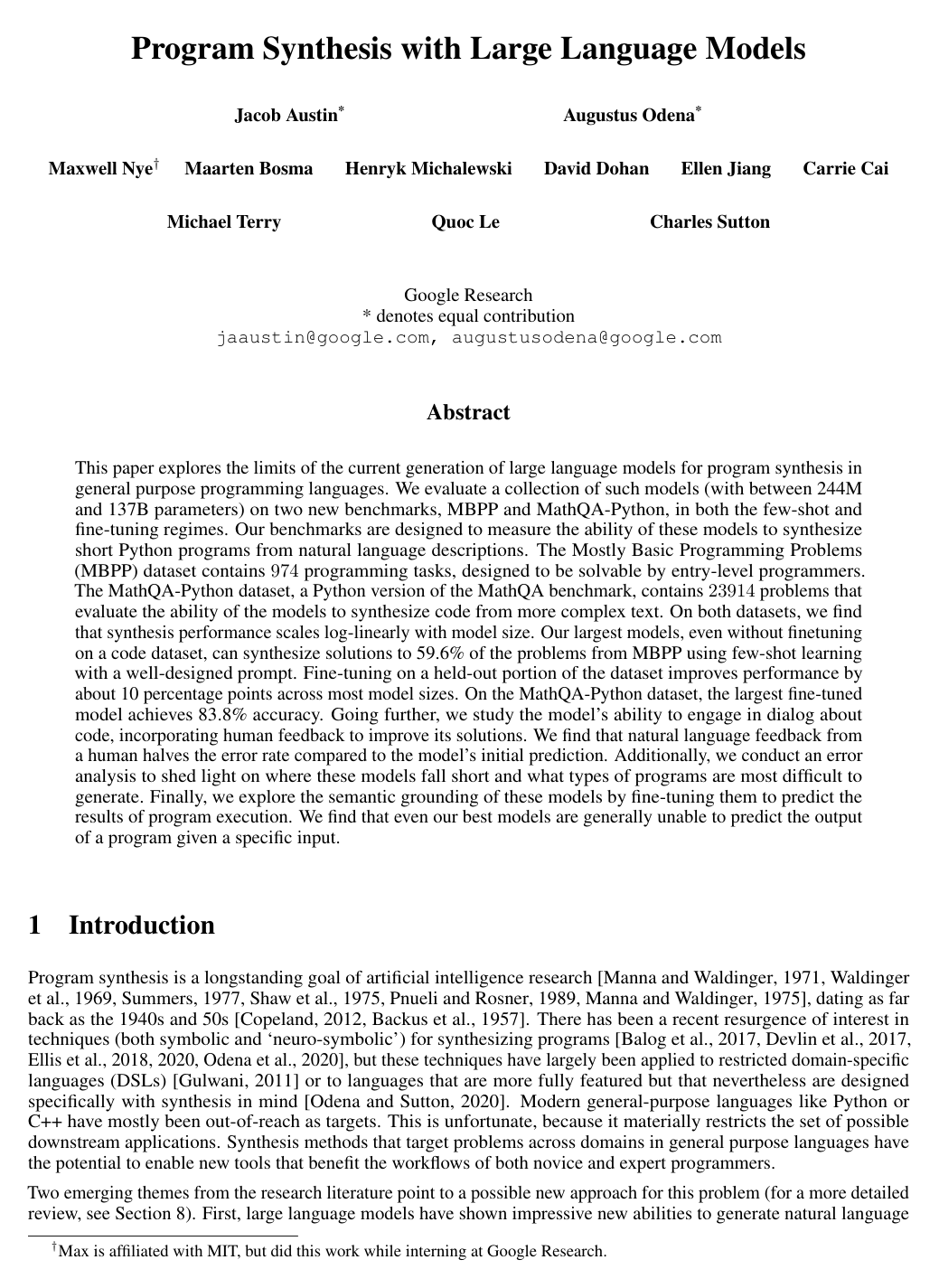 Cover for Program Synthesis with Large Language Models