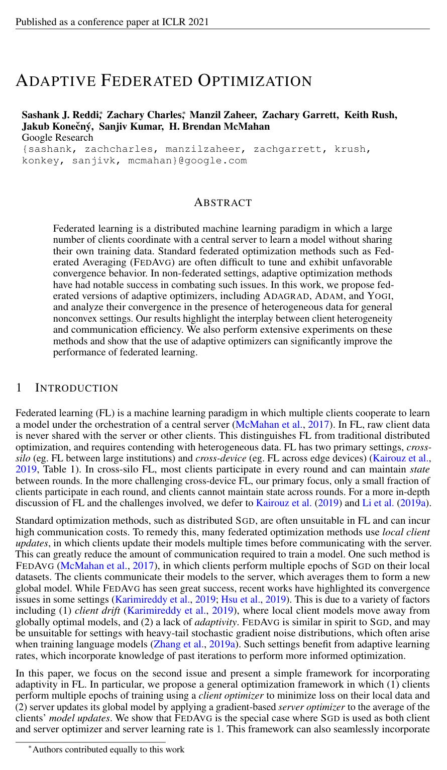 Cover for Adaptive Federated Optimization