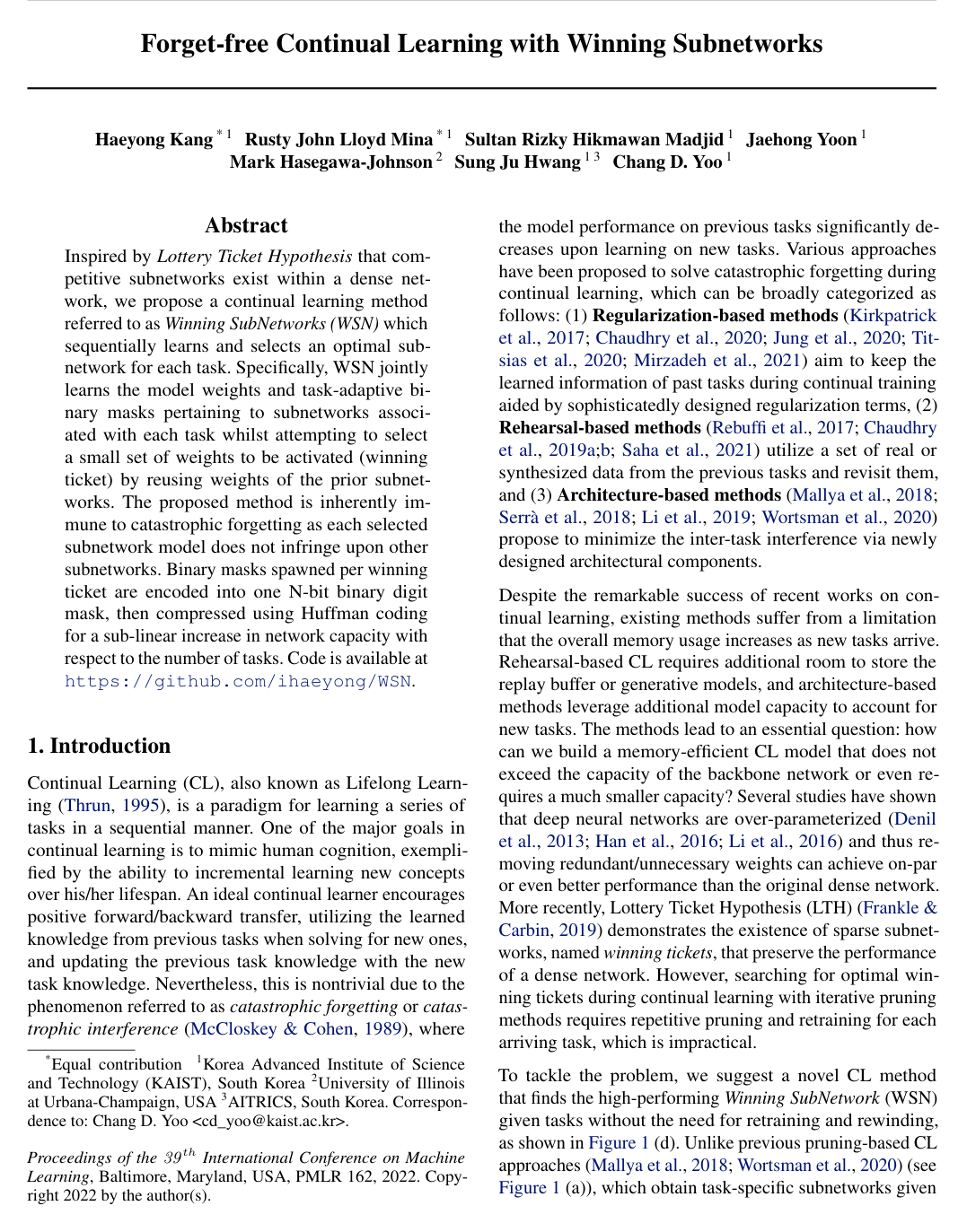 Forget-free Continual Learning with Winning Subnetworks