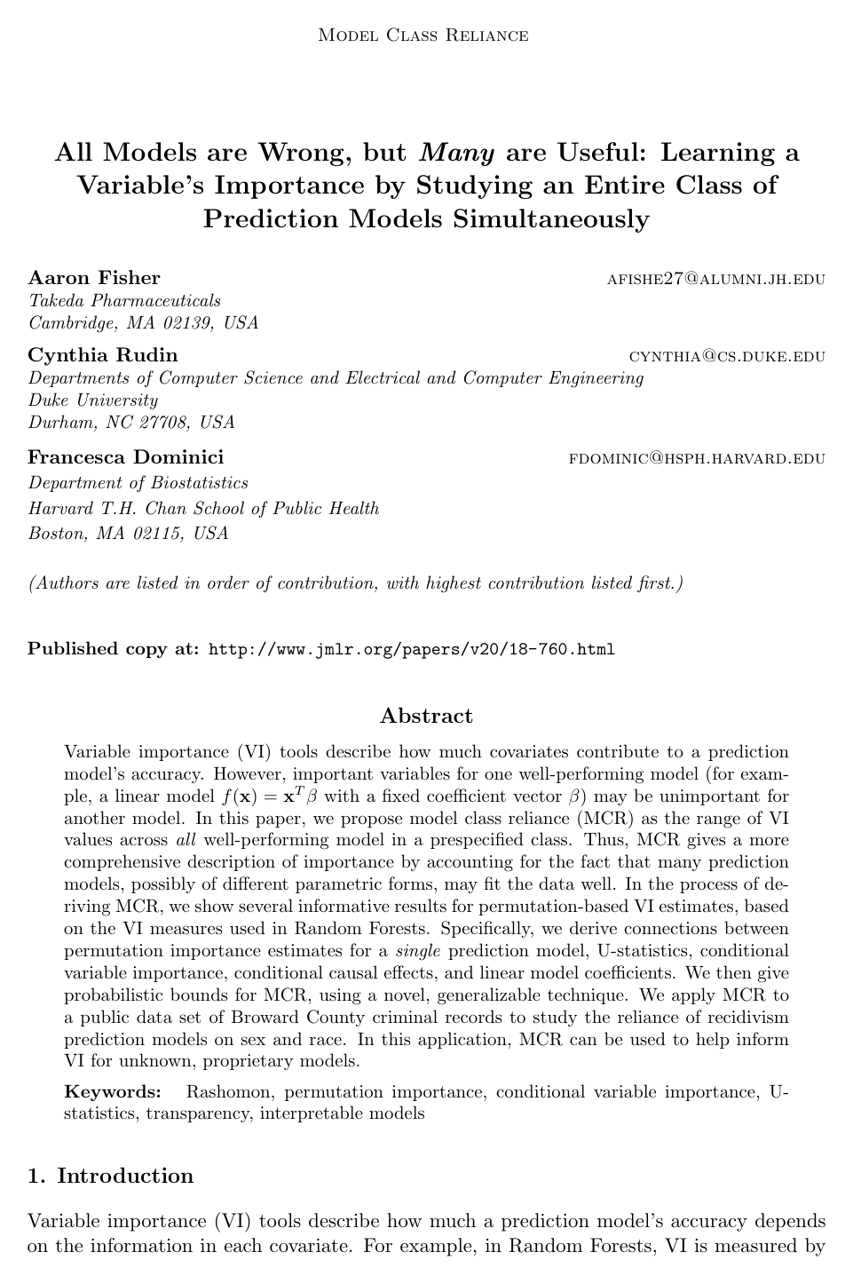 Cover for All Models are Wrong, but Many are Useful: Learning a Variable’s Importance by Studying an Entire Class of Prediction Models Simultaneously