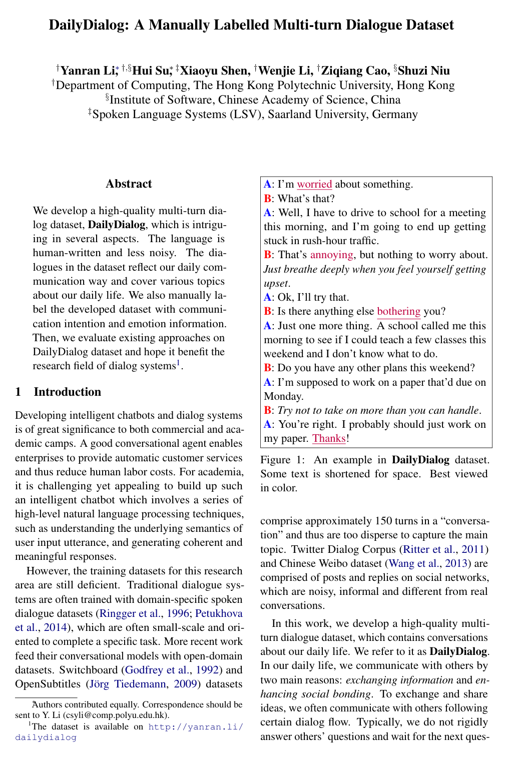 DailyDialog: A Manually Labelled Multi-turn Dialogue Dataset