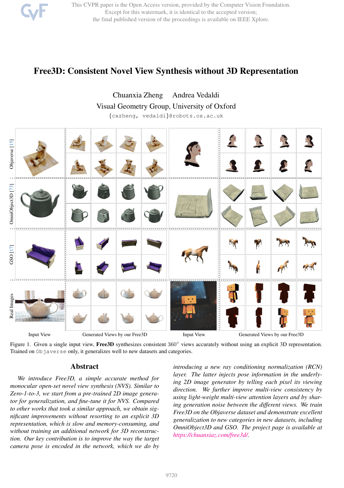 Cover for Free3D: Consistent Novel View Synthesis Without 3D Representation