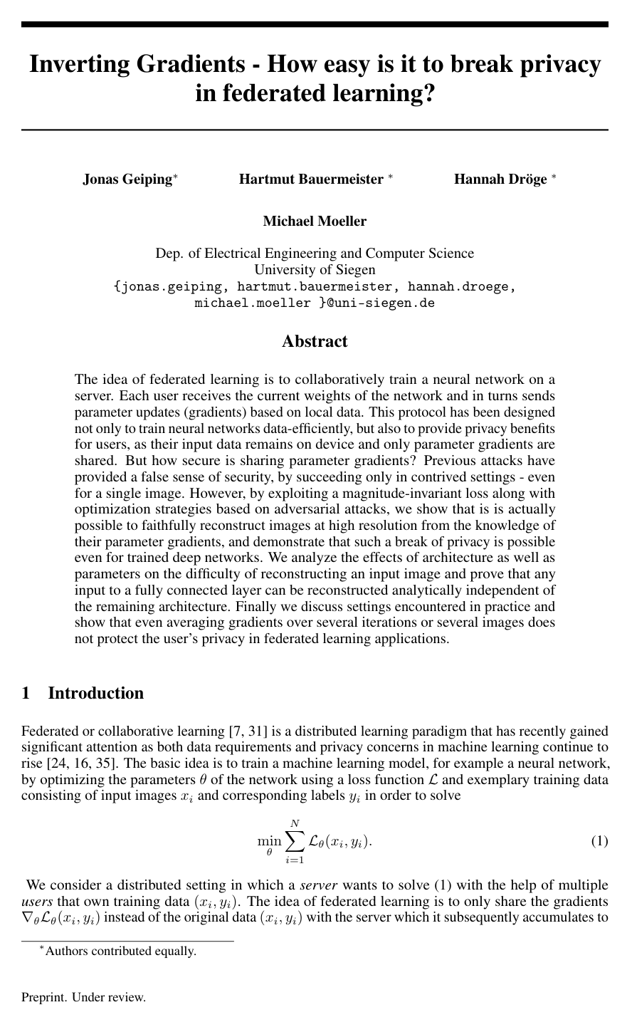 Cover for Inverting Gradients - How easy is it to break privacy in federated learning?