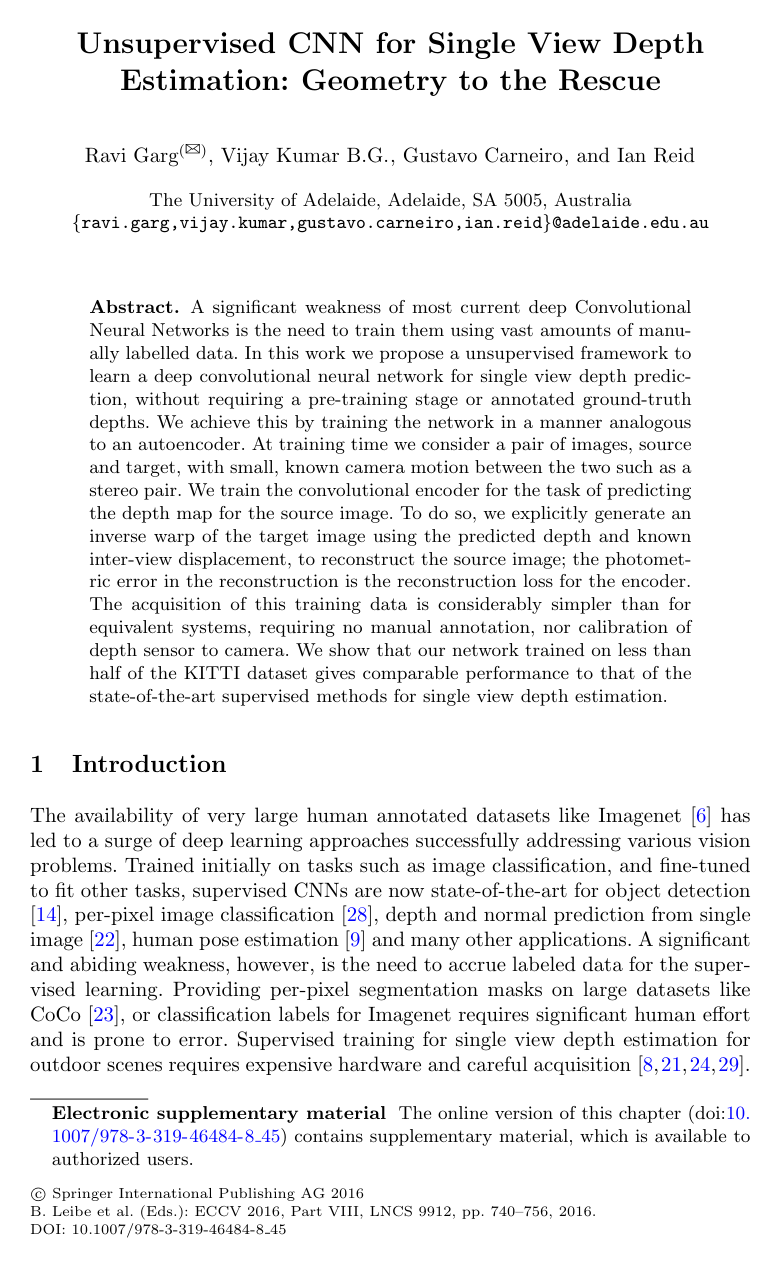 Cover for Unsupervised CNN for Single View Depth Estimation: Geometry to the Rescue
