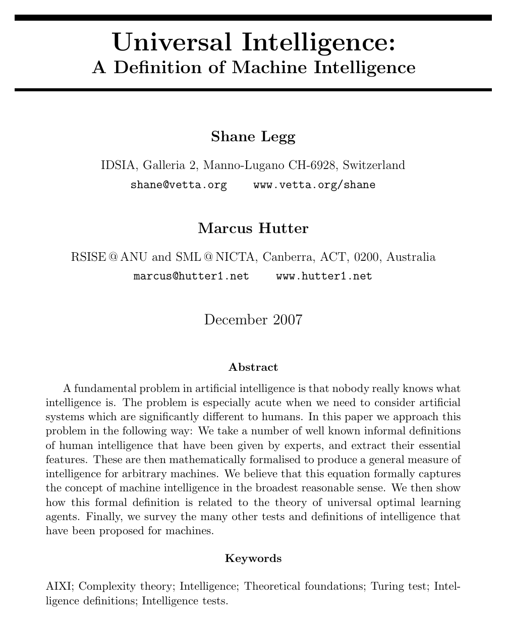 Cover for Universal Intelligence: A Definition of Machine Intelligence