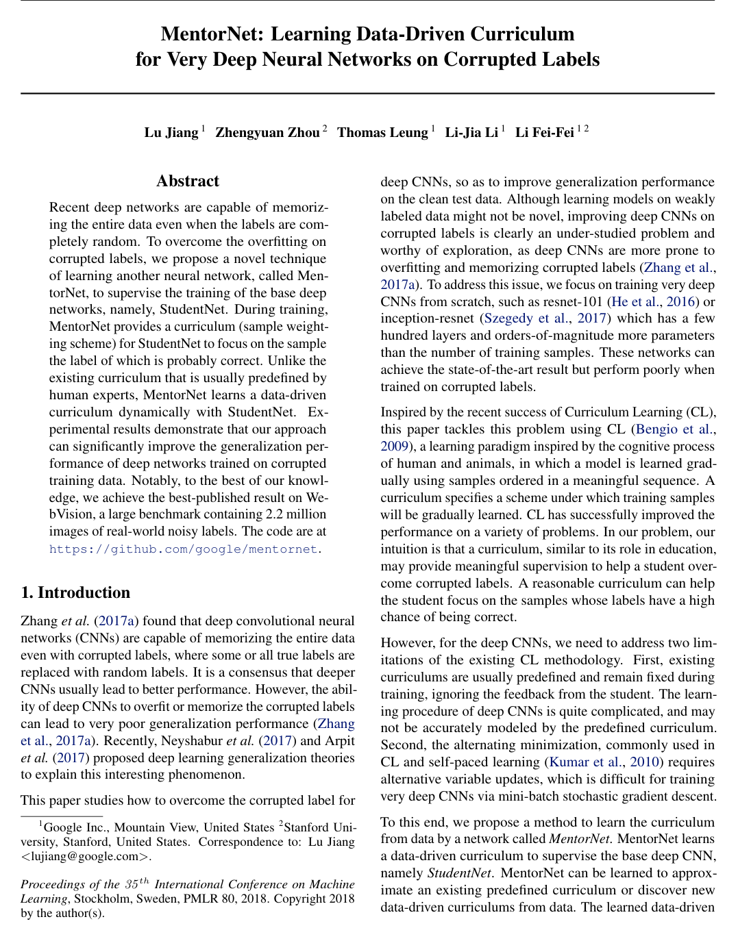 MentorNet: Learning Data-Driven Curriculum for Very Deep Neural Networks on Corrupted Labels
