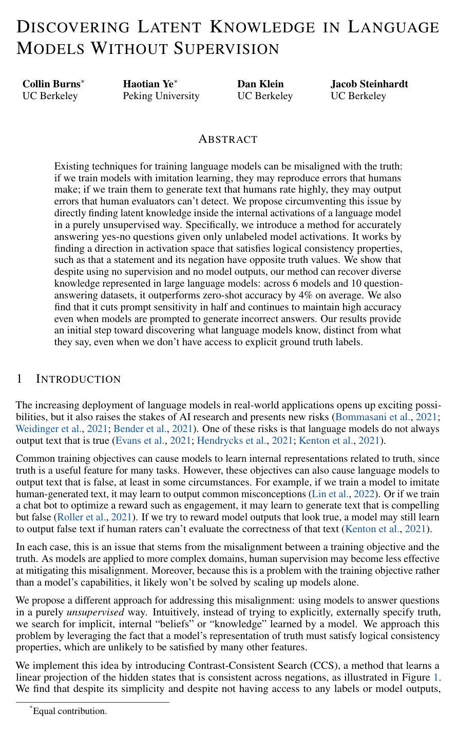 Cover for Discovering Latent Knowledge in Language Models Without Supervision