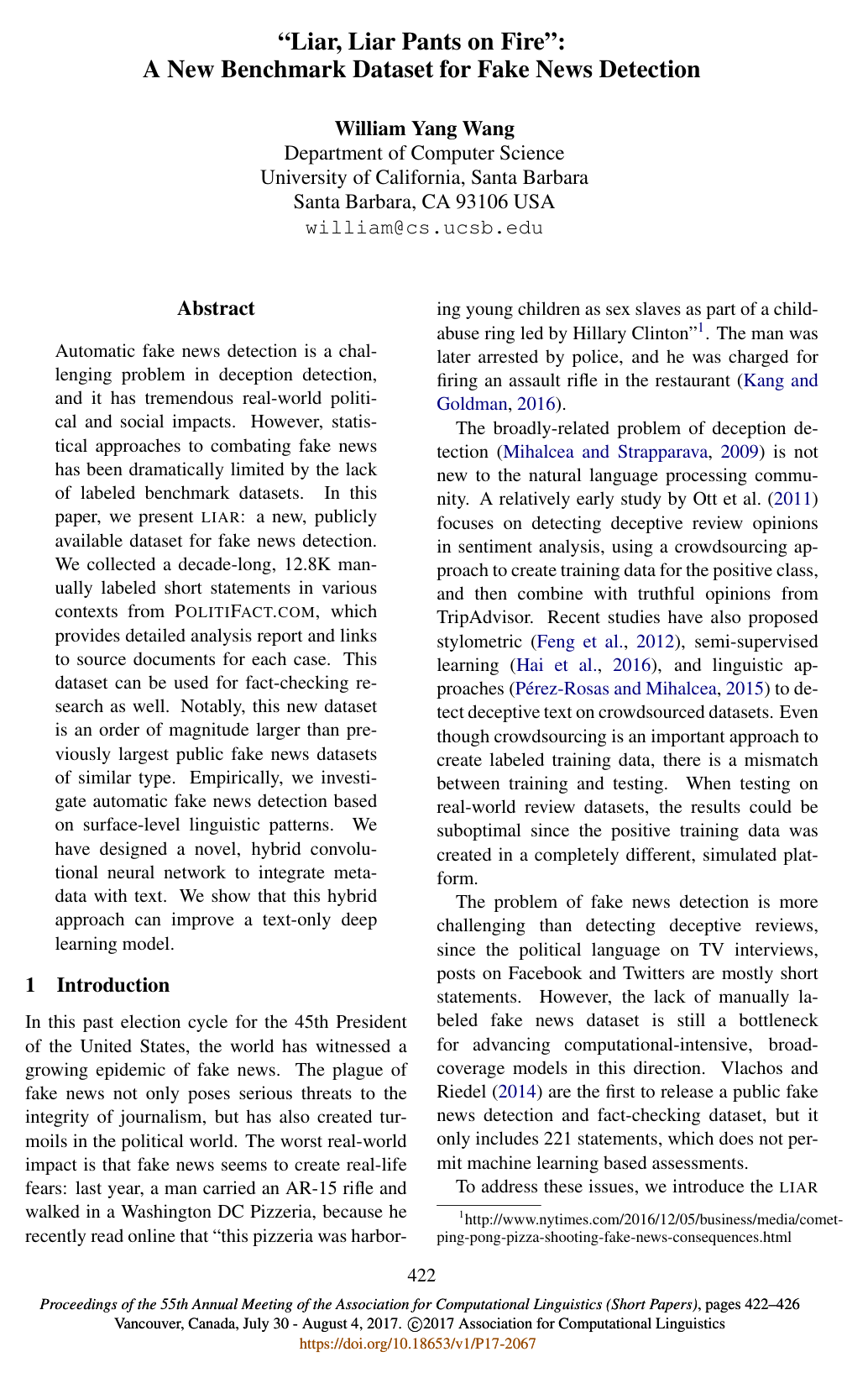 Cover for “Liar, Liar Pants on Fire”: A New Benchmark Dataset for Fake News Detection