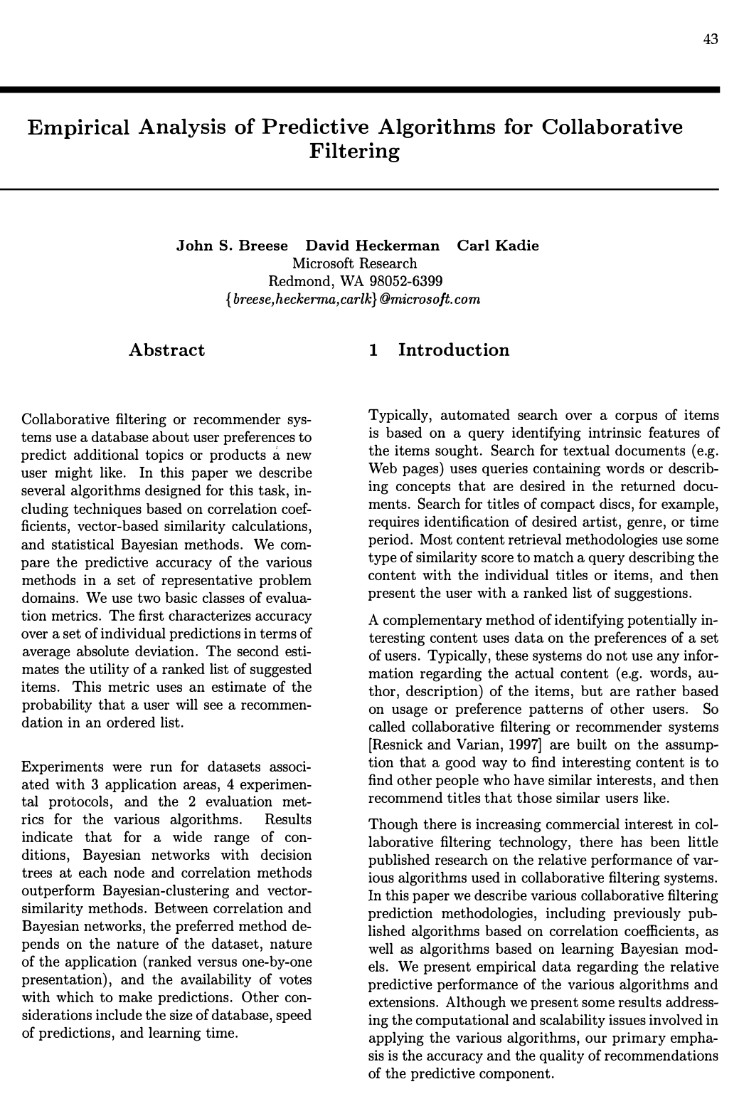 Empirical Analysis of Predictive Algorithms for Collaborative Filtering