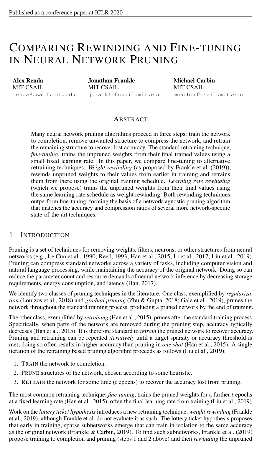 Comparing Rewinding and Fine-tuning in Neural Network Pruning