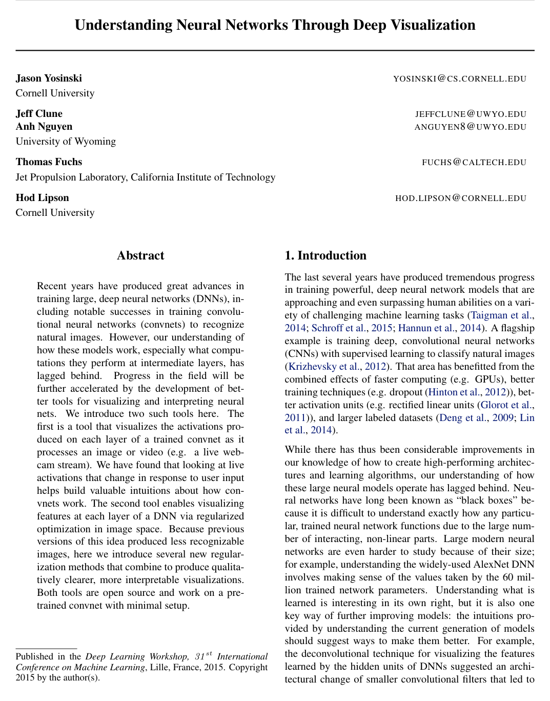 Cover for Understanding Neural Networks Through Deep Visualization