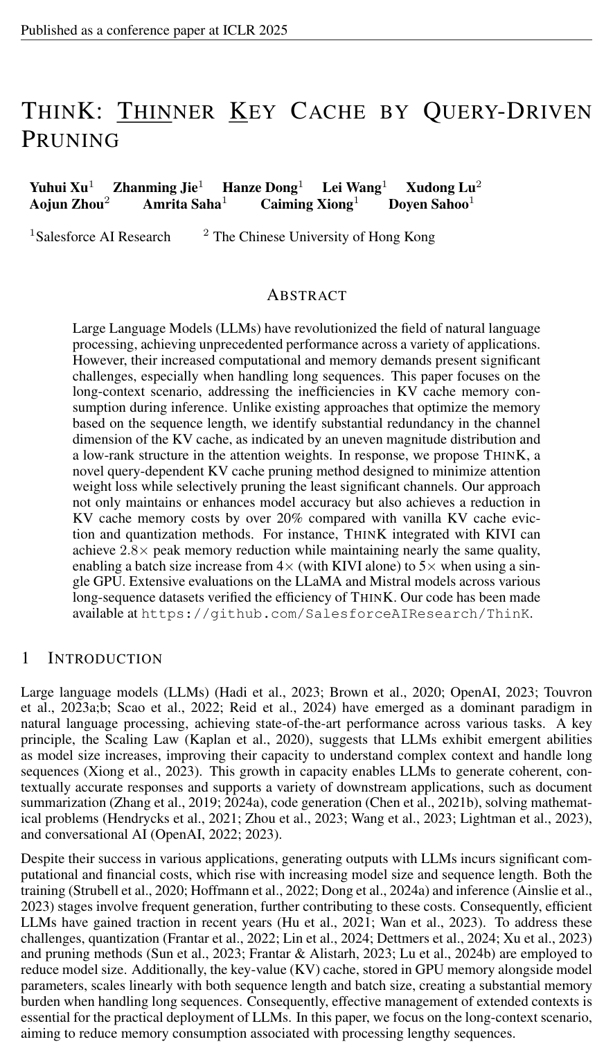 Cover for ThinK: Thinner Key Cache by Query-Driven Pruning