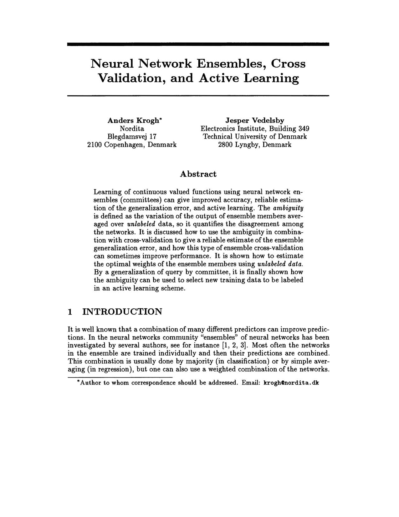 Cover for Neural Network Ensembles, Cross Validation, and Active Learning