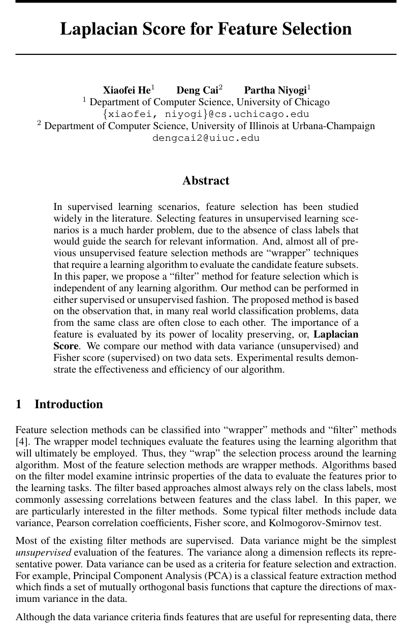 Laplacian Score for Feature Selection