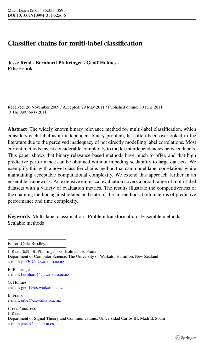 Cover for Classifier chains for multi-label classification