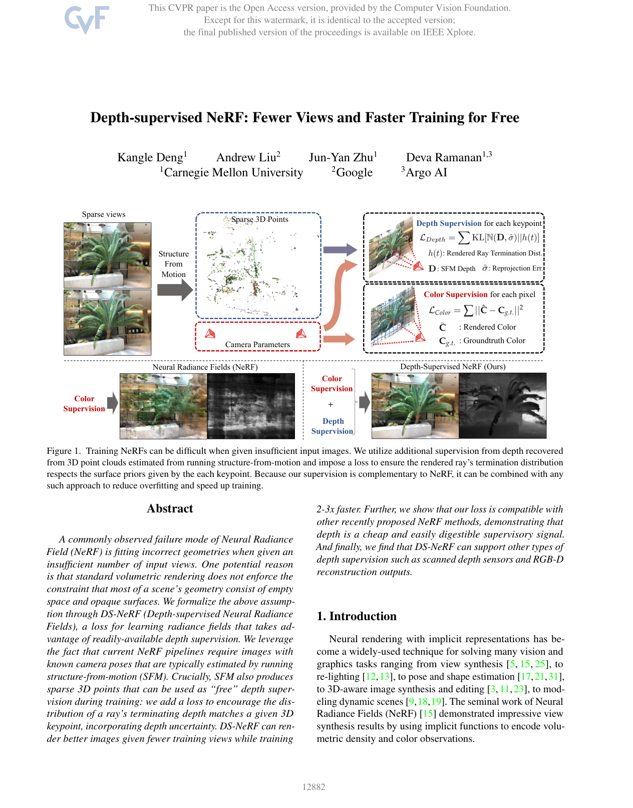 Depth-supervised NeRF: Fewer Views and Faster Training for Free