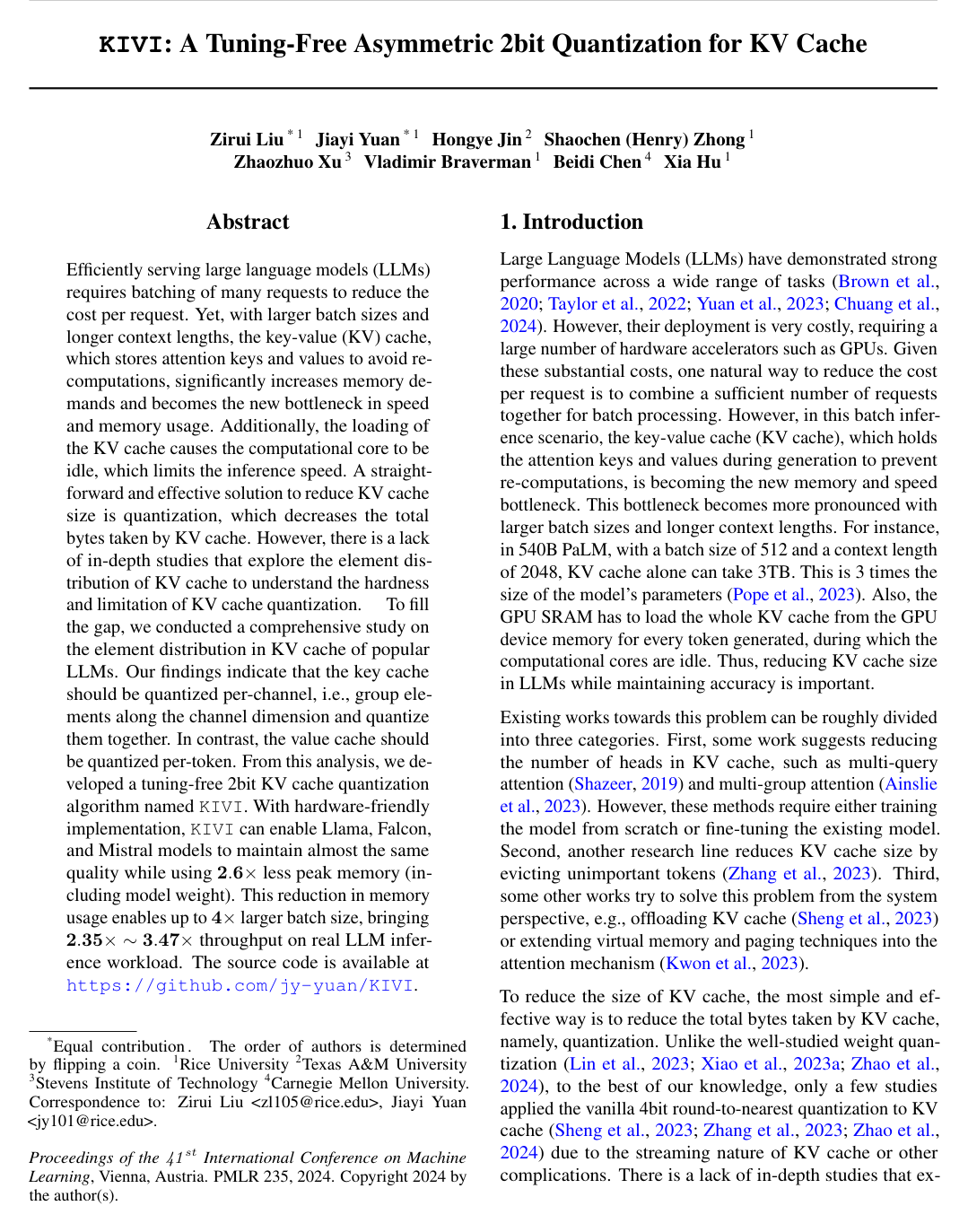 Cover for KIVI: A Tuning-Free Asymmetric 2bit Quantization for KV Cache