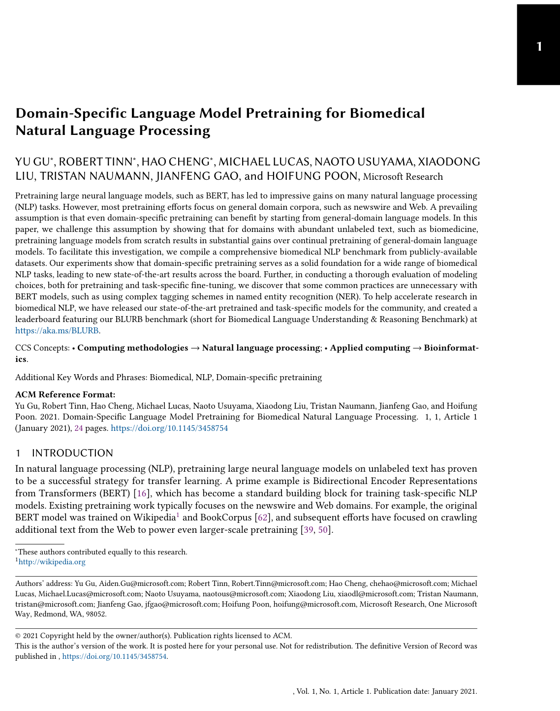 Cover for Domain-Specific Language Model Pretraining for Biomedical Natural Language Processing