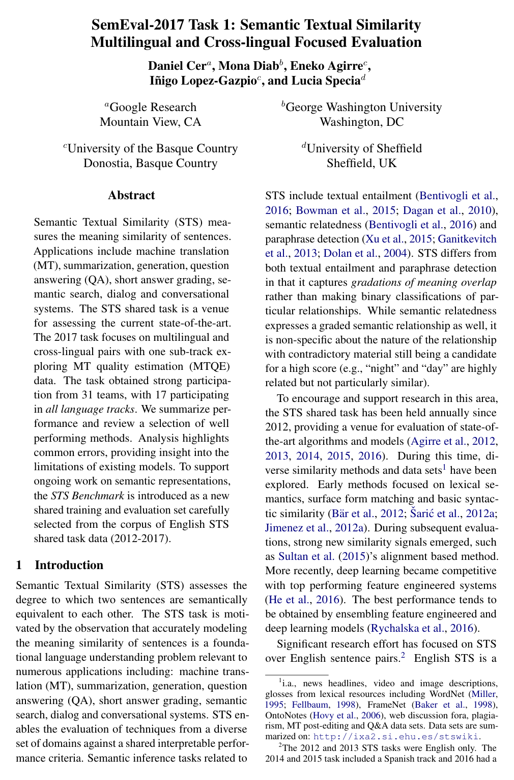 SemEval-2017 Task 1: Semantic Textual Similarity Multilingual and Crosslingual Focused Evaluation