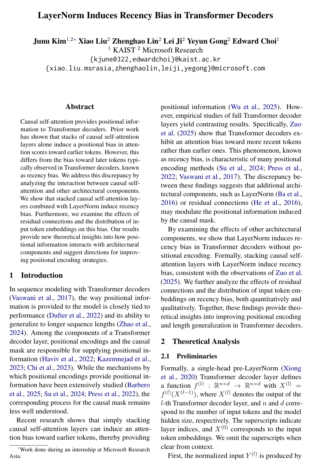 LayerNorm Induces Recency Bias in Transformer Decoders