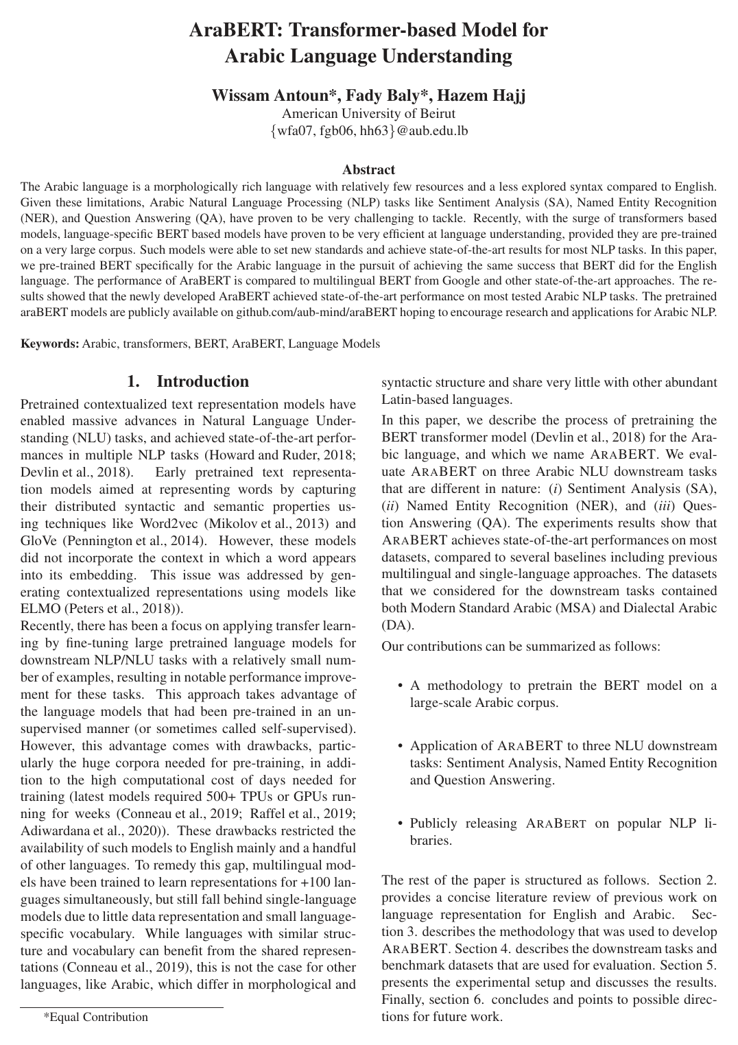 AraBERT: Transformer-based Model for Arabic Language Understanding