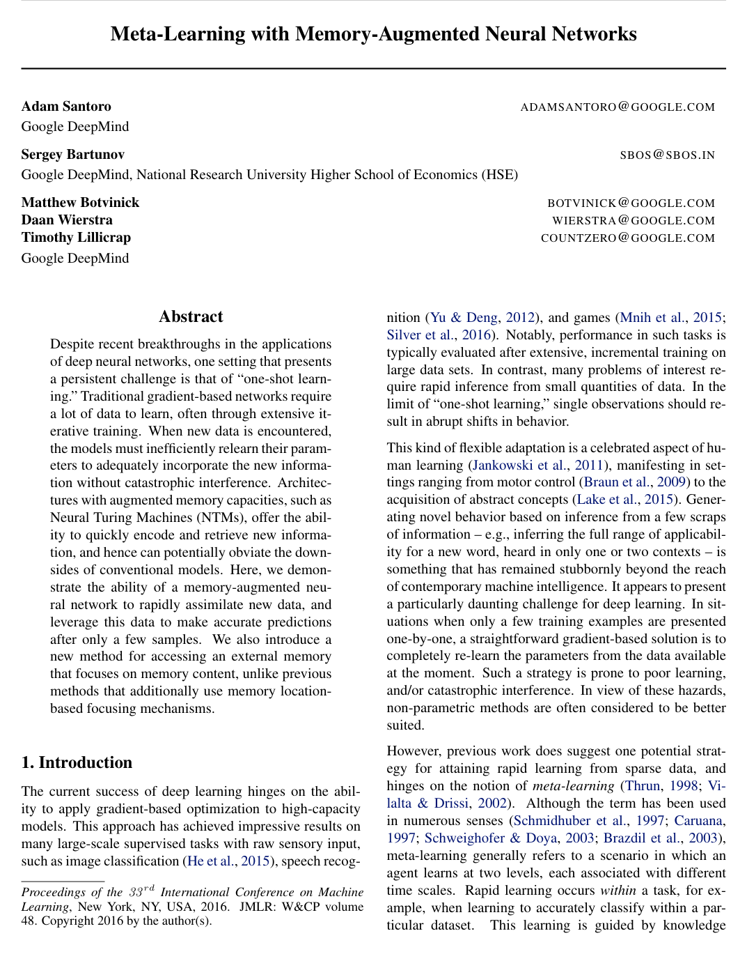 Cover for Meta-Learning with Memory-Augmented Neural Networks