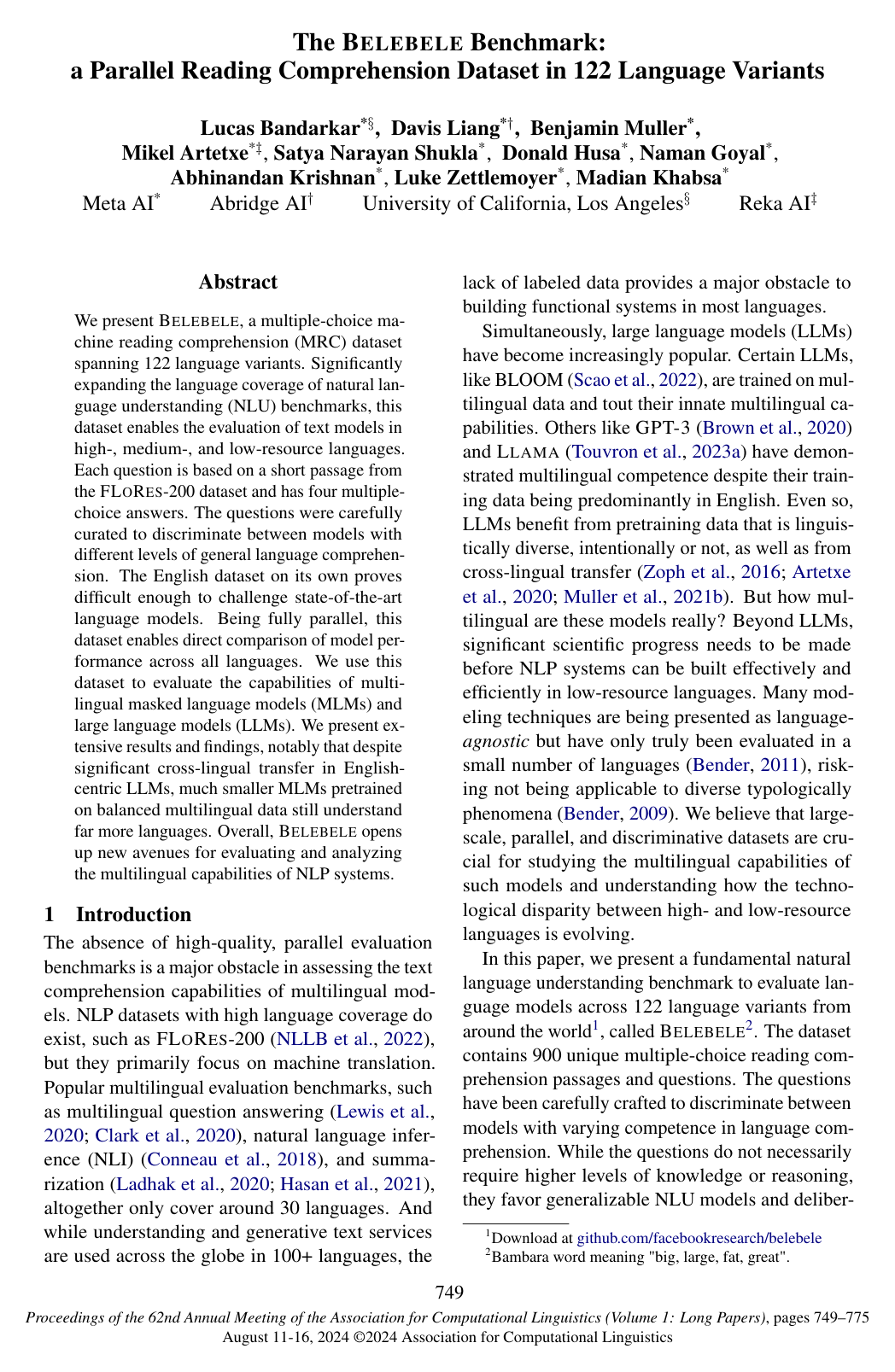 Cover for The Belebele Benchmark: a Parallel Reading Comprehension Dataset in 122 Language Variants
