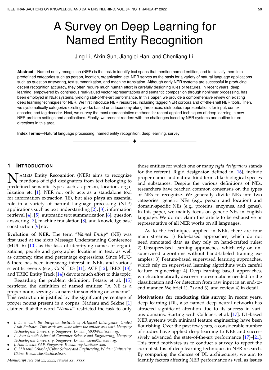 Cover for A Survey on Deep Learning for Named Entity Recognition